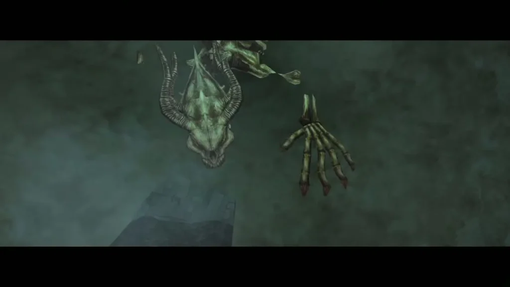 Stallord's skeleton beast rising from the sand in a misty arena Stallord's skeleton beast rising from the sand in a misty arena
