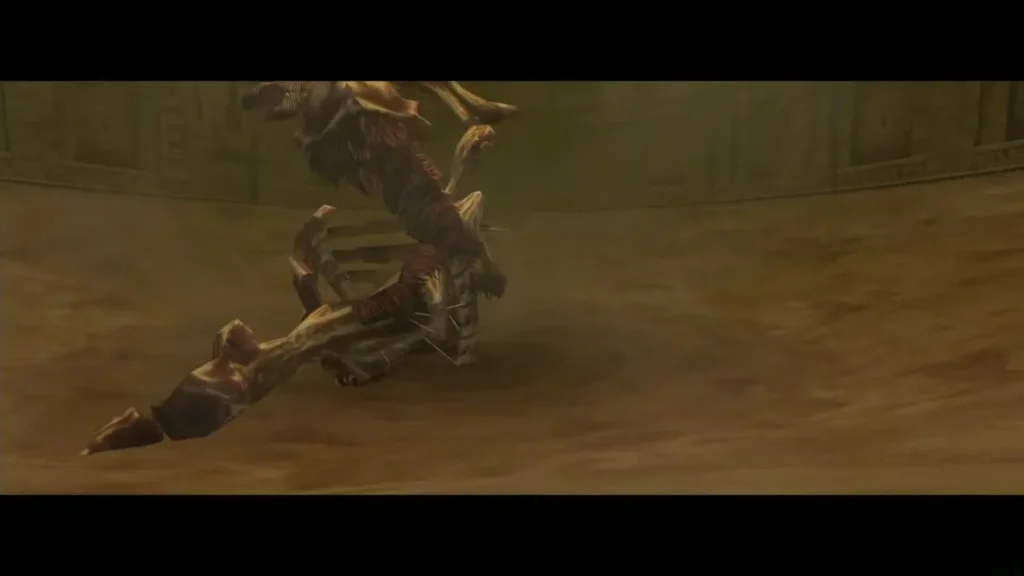 Stallord's bony spine tumbling down onto the arena floor Stallord's bony spine tumbling down onto the arena floor