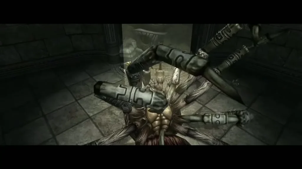 Stone statue fist pinning Armogohma to the arena floor Stone statue fist pinning Armogohma to the arena floor