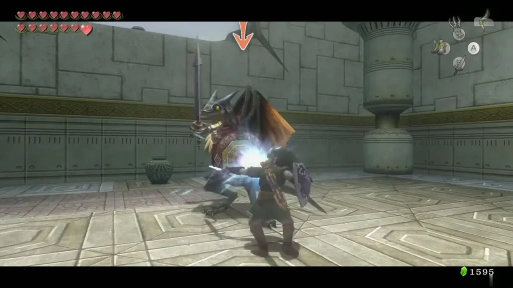 Link slashing the grounded armored lizard with his sword Link slashing the grounded armored lizard with his sword