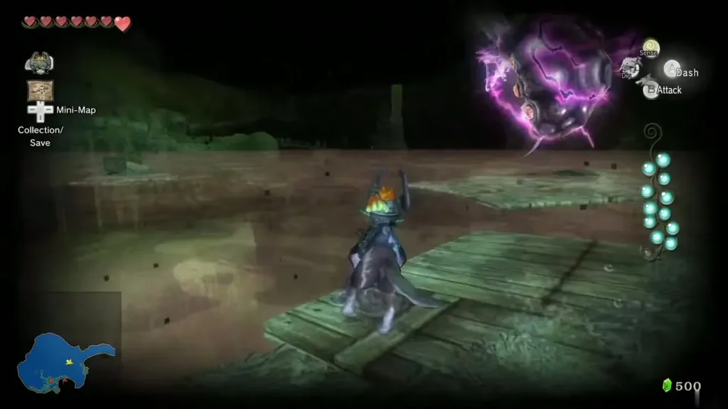 Wolf Link facing an electrified Twilit Bloat over a wooden walkway Wolf Link facing an electrified Twilit Bloat over a wooden walkway