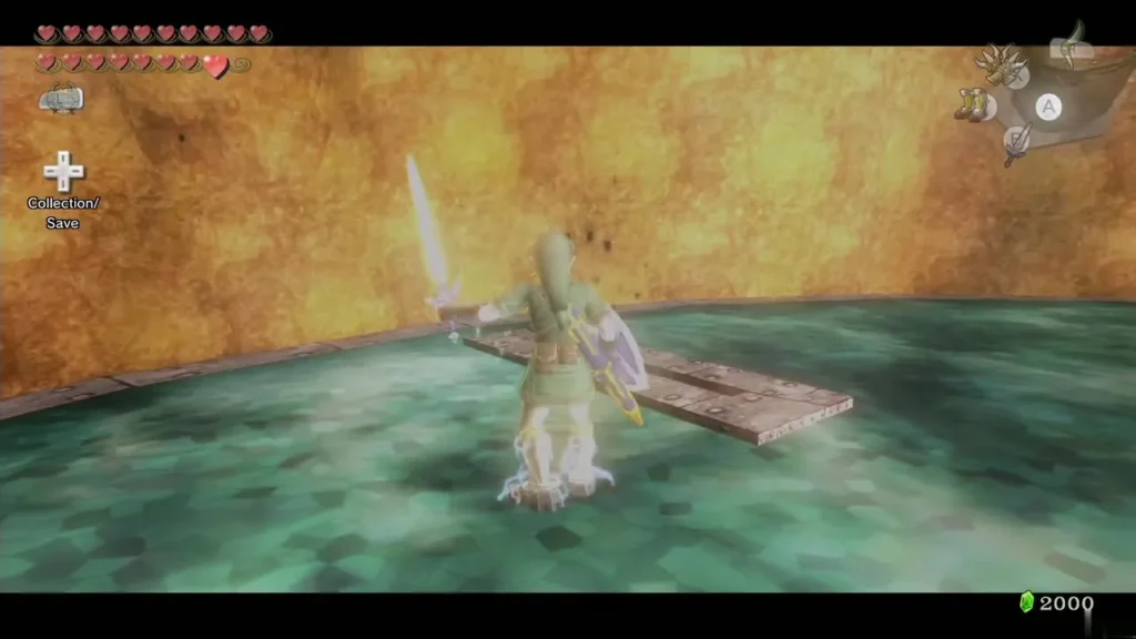 Link with sword raised on a wooden platform over the water Link with sword raised on a wooden platform over the water