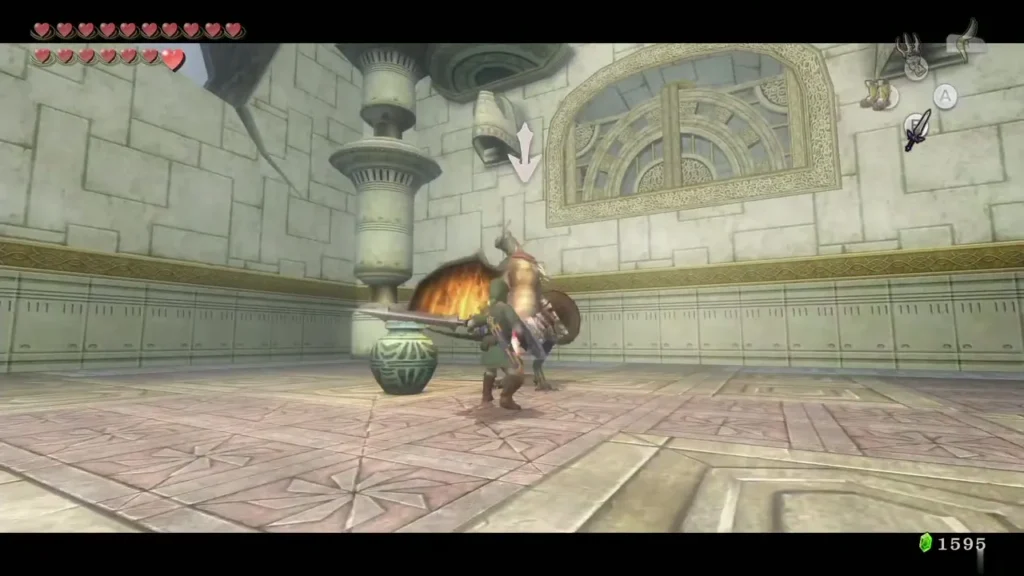 Winged Aeralfos swooping above Link in the pillared arena Winged Aeralfos swooping above Link in the pillared arena