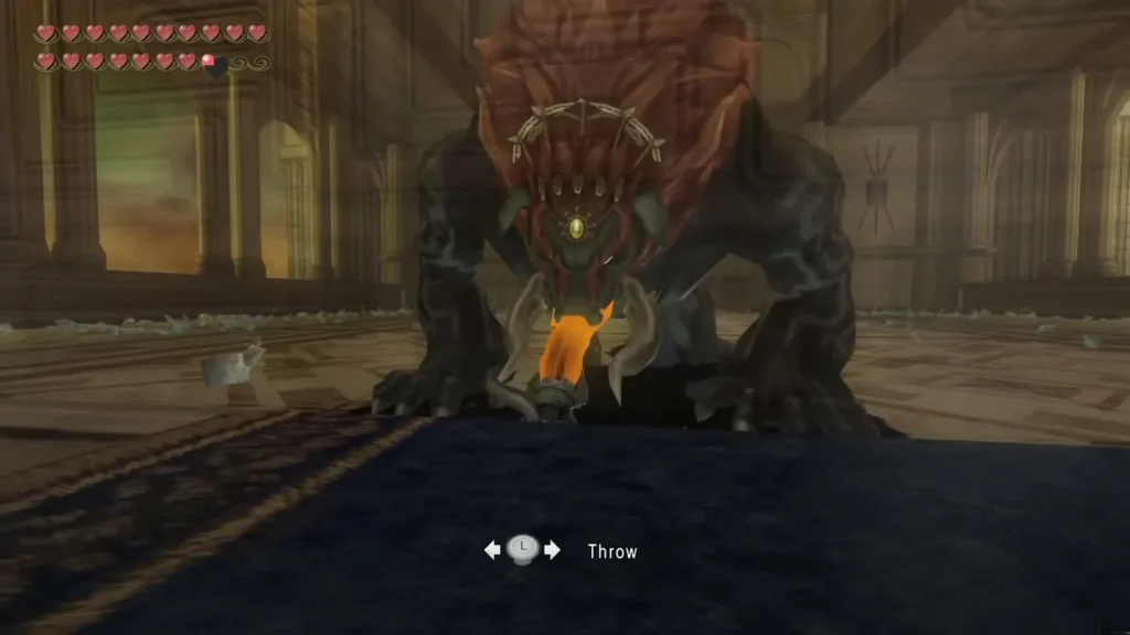 Wolf Link gripping Ganondorf's beast horns with the Throw prompt on screen Wolf Link gripping Ganondorf's beast horns with the Throw prompt on screen