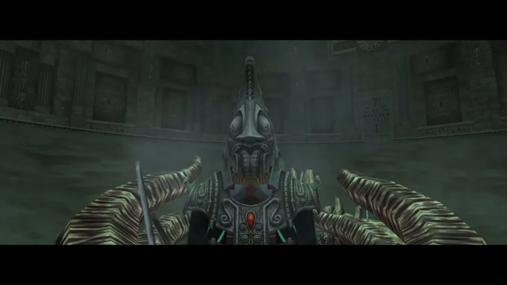 Zant in his armored form before the Stallord skeleton in the arena Zant in his armored form before the Stallord skeleton in the arena