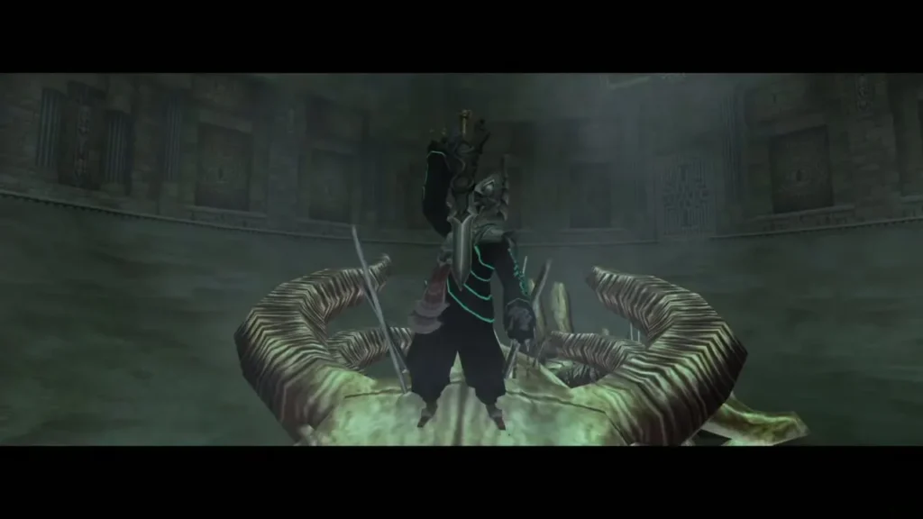 Zant standing atop the skeleton beast in the arena Zant standing atop the skeleton beast in the arena
