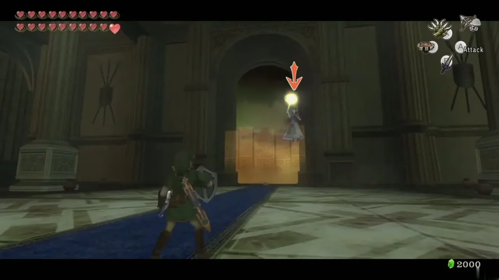 Zelda, controlled by Ganondorf, firing a glowing energy ball at Link Zelda, controlled by Ganondorf, firing a glowing energy ball at Link