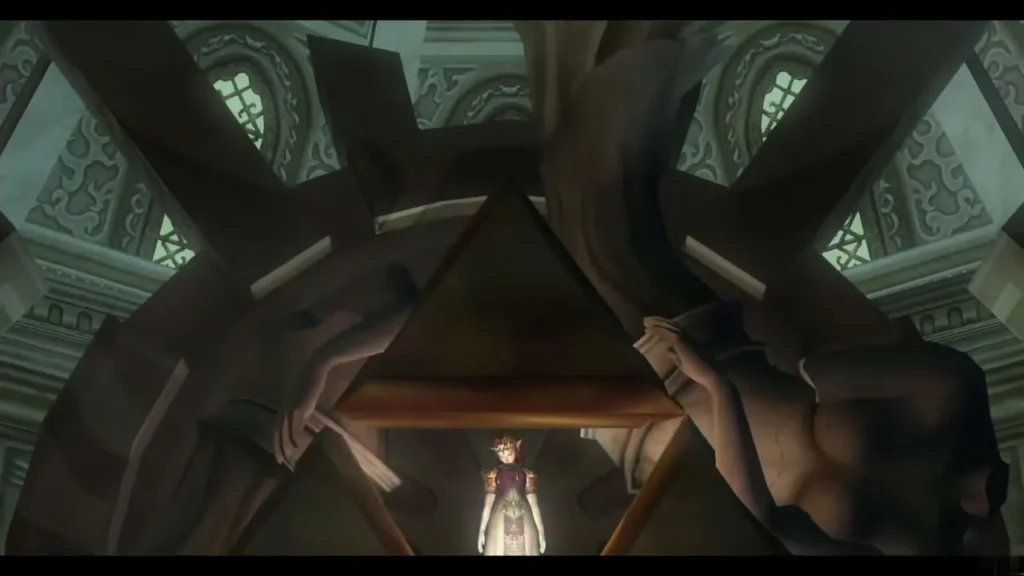 Zelda standing inside the Triforce shape in the throne room Zelda standing inside the Triforce shape in the throne room