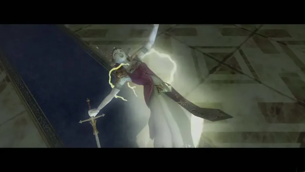 Zelda struck by a flash of light and lightning as she falls with her sword Zelda struck by a flash of light and lightning as she falls with her sword