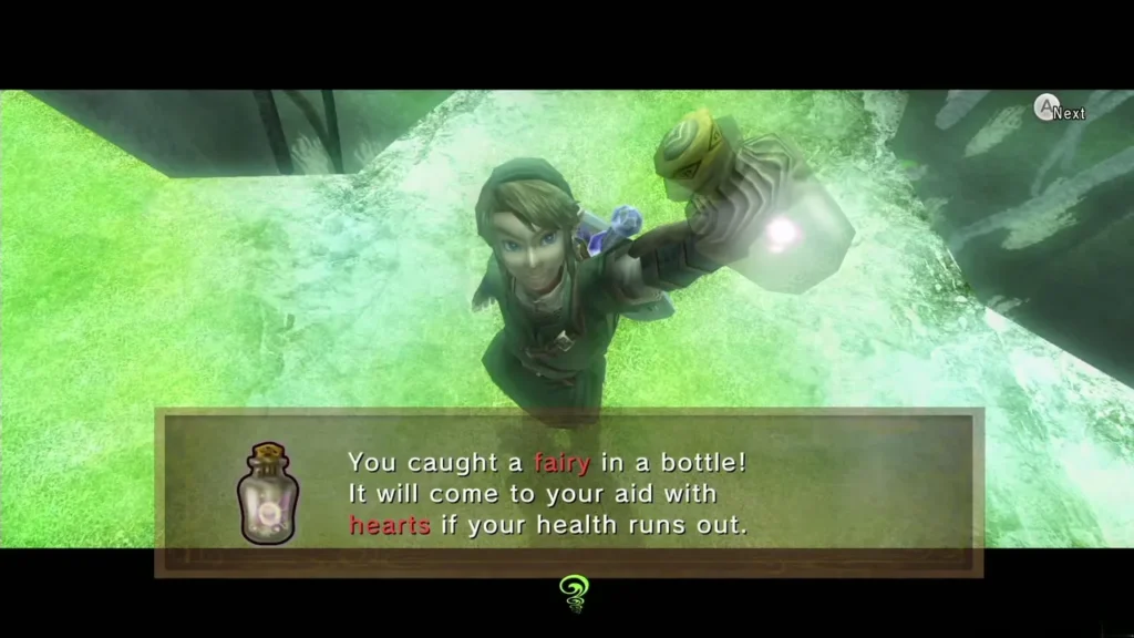 Link catching a fairy in a bottle at the spring with the item message box Link catching a fairy in a bottle at the spring with the item message box
