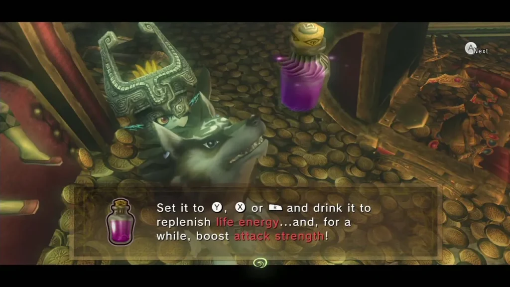Item message explaining the Great Fairy's Tears restore life and boost attack Item message explaining the Great Fairy's Tears restore life and boost attack