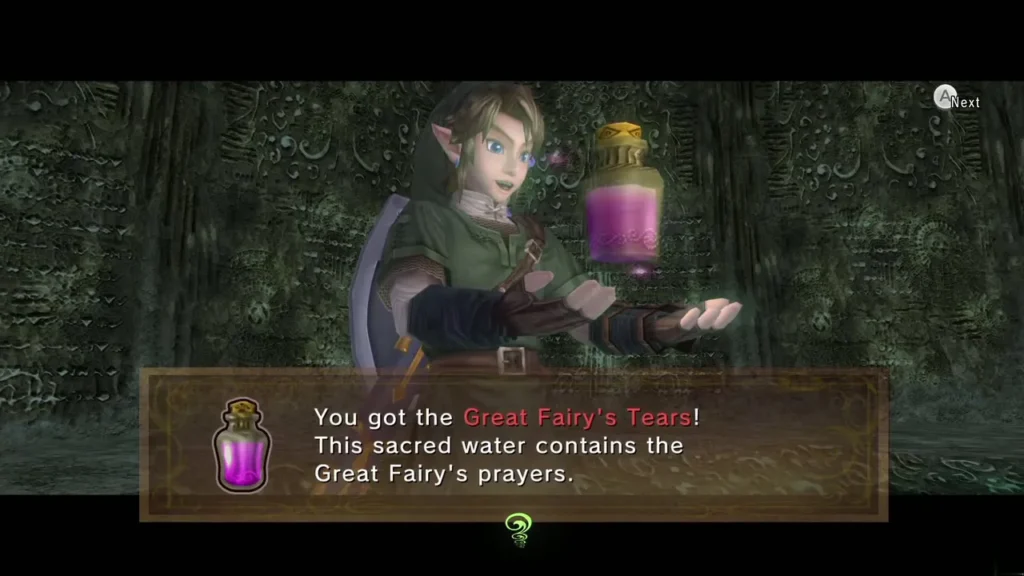 Link holding the Great Fairy's Tears bottle with its item message box Link holding the Great Fairy's Tears bottle with its item message box