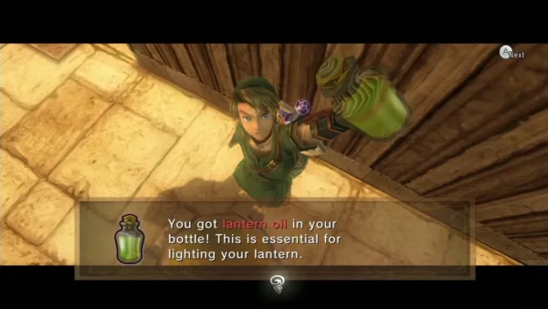 Link holding a bottle of lantern oil with its item message box Link holding a bottle of lantern oil with its item message box