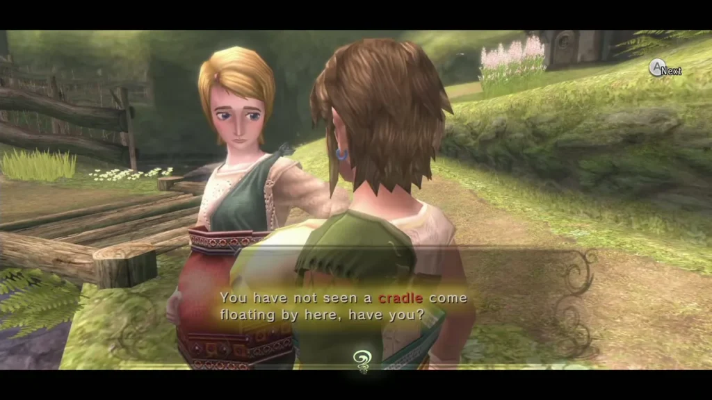 Link talking with Uli by the bridge about the missing cradle