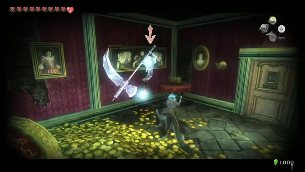 Wolf Link with senses on striking an Imp Poe in a room full of gold coins Wolf Link with senses on striking an Imp Poe in a room full of gold coins
