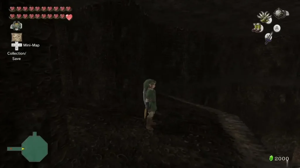 Link standing on the dark ledge above the first floor of the cave