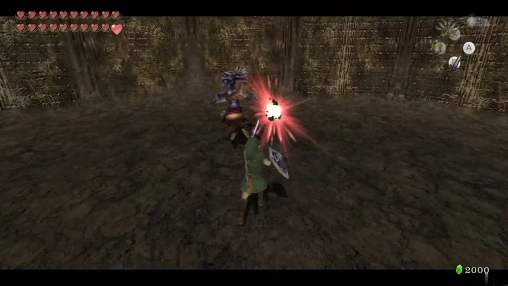 Link striking a Bokoblin on the first floor with a spark of light