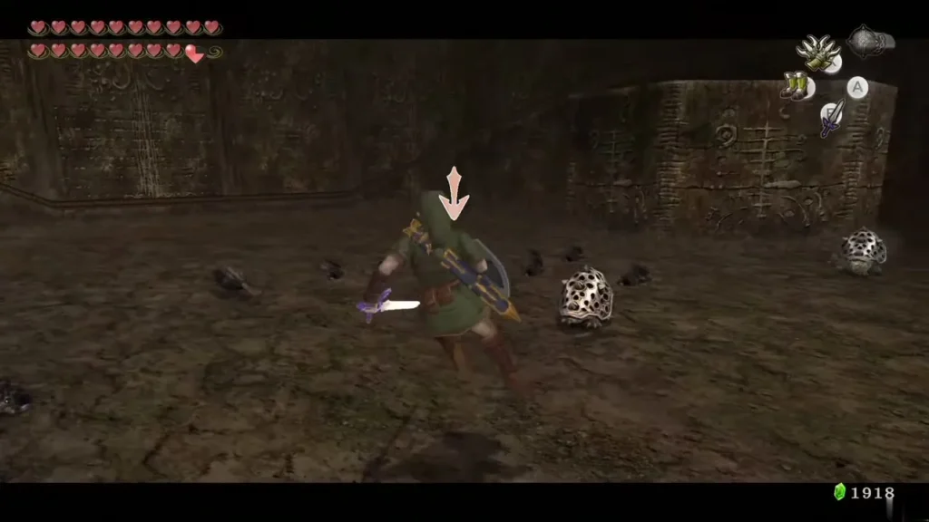 Link facing a Helmasaur shell on floor 11 with his sword drawn