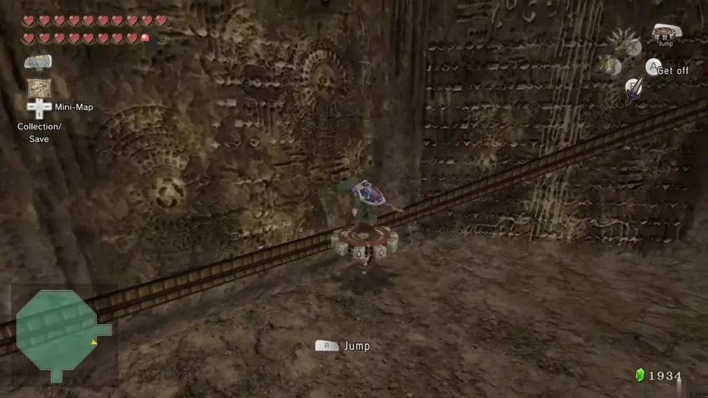 Link riding the Spinner along a groove in the wall with the Jump prompt showing