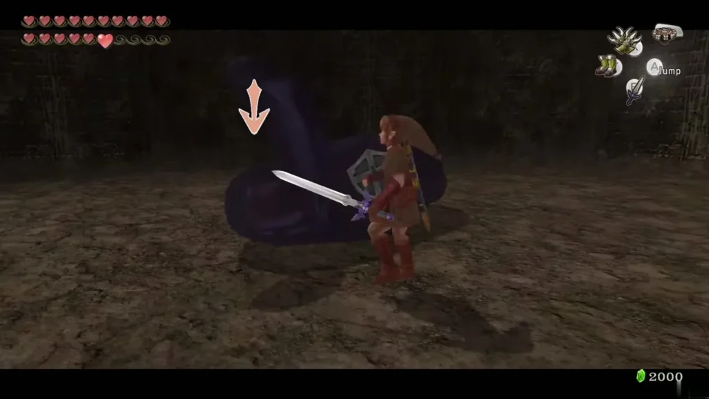 Link in a red outfit slashing a large purple Chu in the swarm