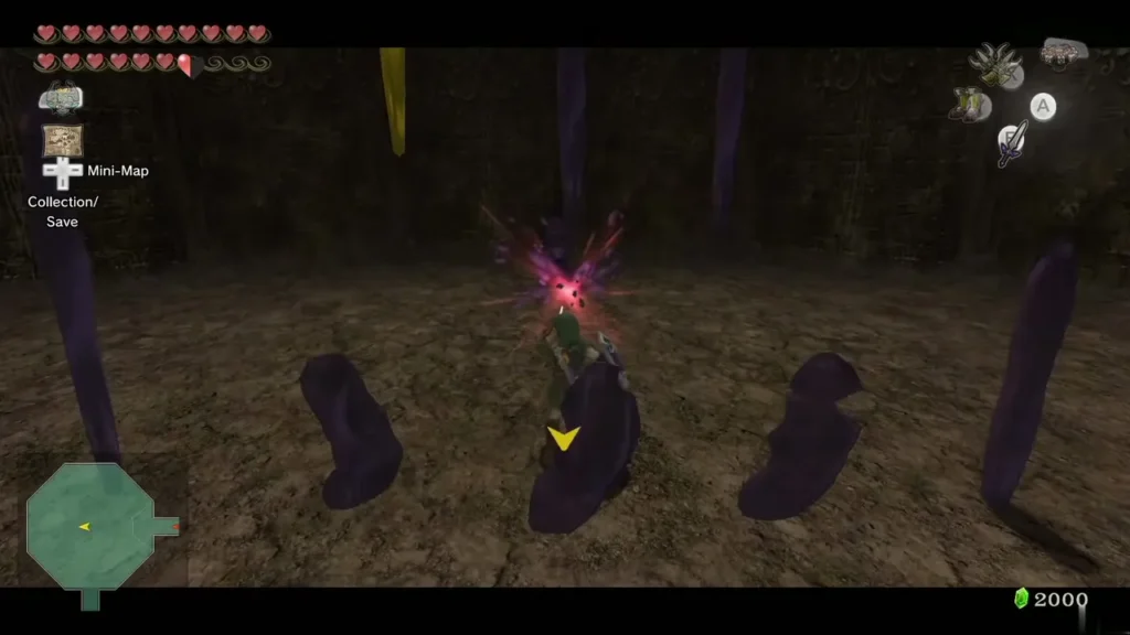 Link striking a purple Chu among many Chus that dropped into the room