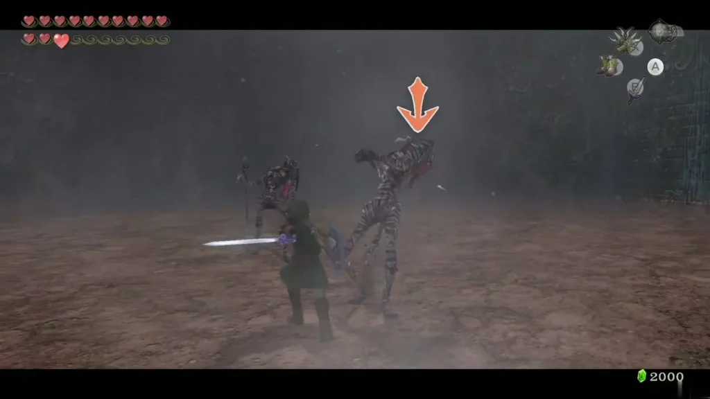 Link slashing a Stalfos beside a smaller skeleton in the mist