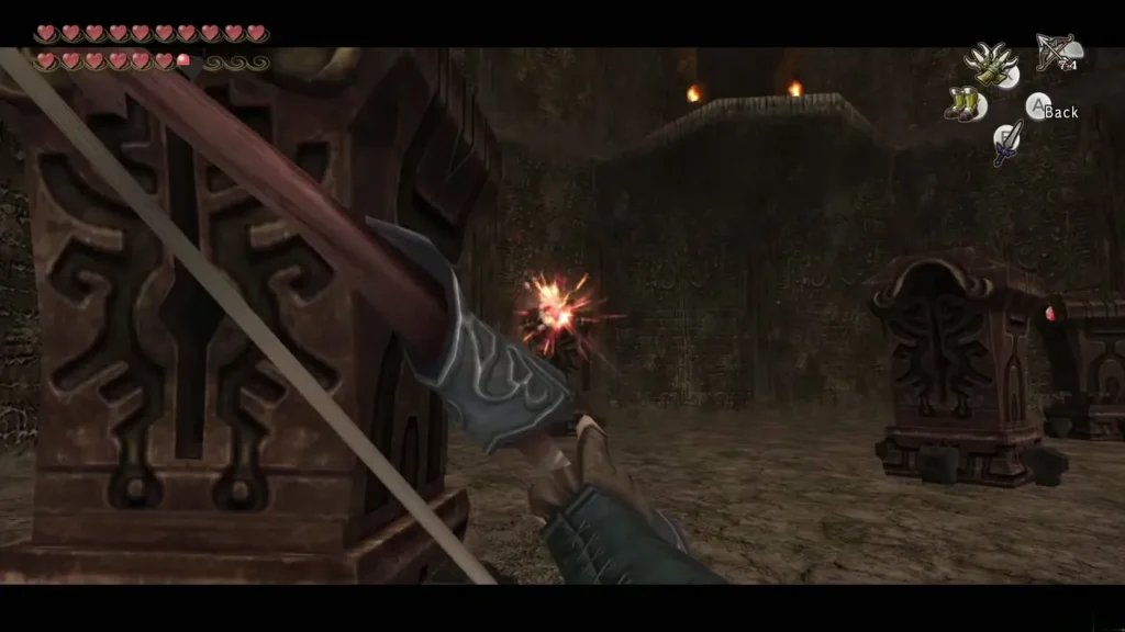 Link aiming his bow at a tall statue standing in the dark room