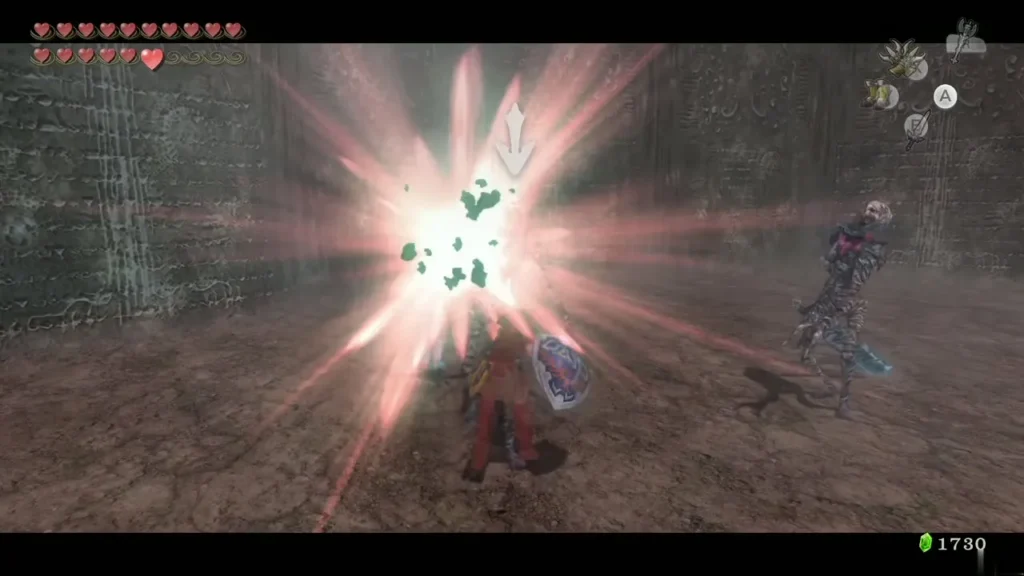 Link striking a Gibdo with a burst of light beside a second Gibdo