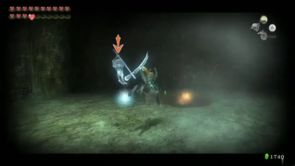 Wolf Link and Midna slashing the Imp Poe on floor 33