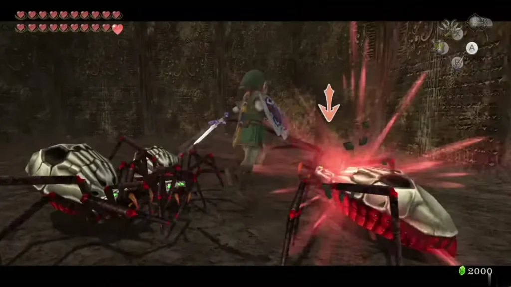 Link slashing a Skulltula with two more crawling beside it