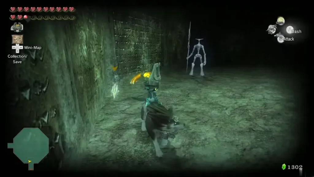 Wolf Link and Midna facing a Chilfo in the teal-lit chamber