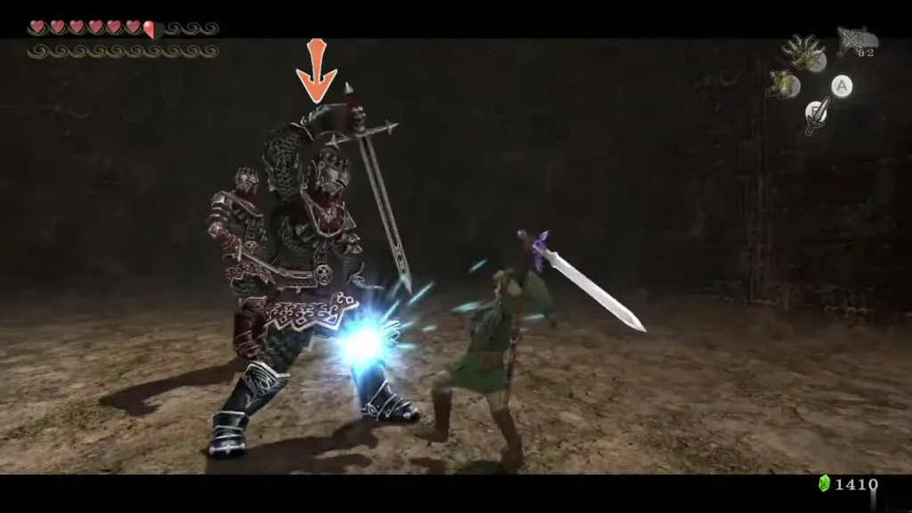Link's attack landing with a blue spark on a Darknut's legs