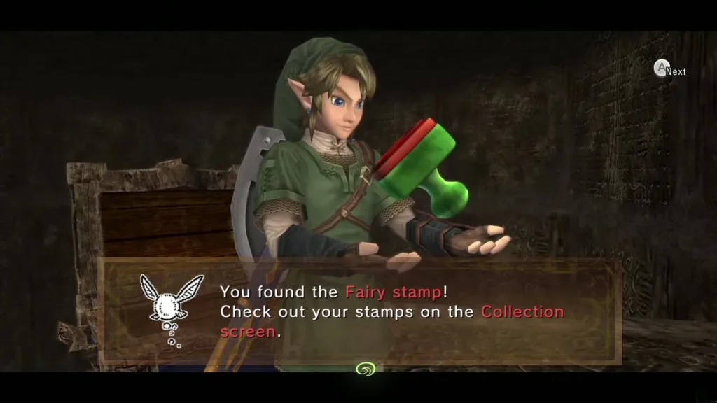 Link holding up the Fairy stamp with its message box after floor 49
