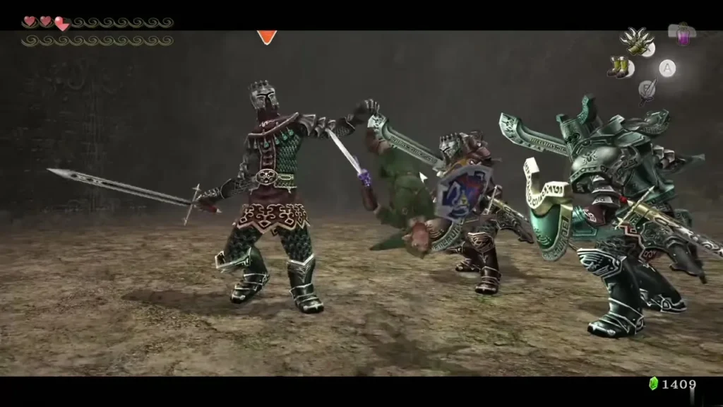 Link fighting among three green-armored Darknuts