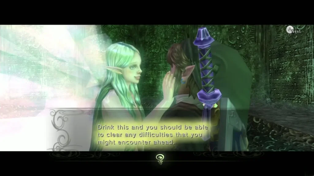 Great Fairy placing the tears in Link's hands with a message about clearing difficulties
