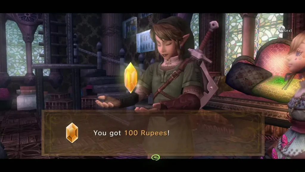 Link holding up the 100 Rupees reward from Agitha Link holding up the 100 Rupees reward from Agitha