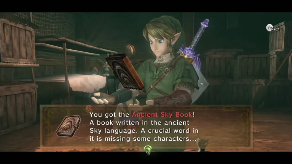 Link holding the Ancient Sky Book with its name box Link holding the Ancient Sky Book with its name box