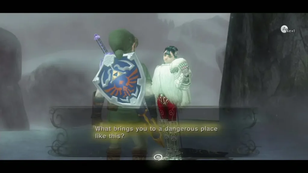 Ashei in a white fur cape asking Link what brings him to the mountains Ashei in a white fur cape asking Link what brings him to the mountains