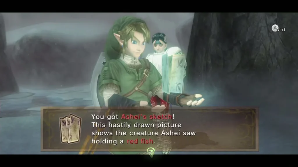 Link holding up Ashei's sketch of the red fish creature with Ashei behind him Link holding up Ashei's sketch of the red fish creature with Ashei behind him
