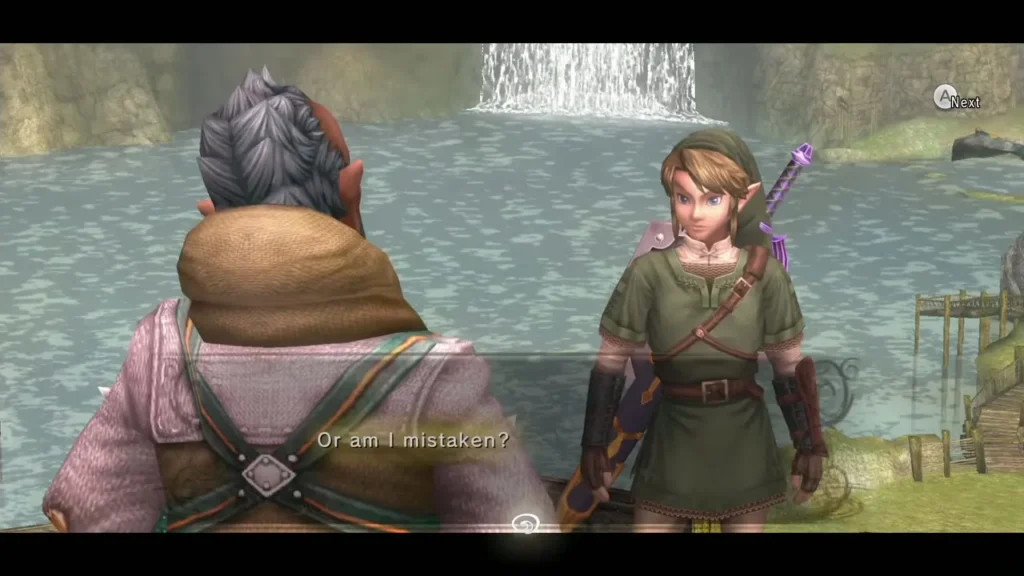 Auru with his back to the camera talking with Link beside a Lake Hylia waterfall Auru with his back to the camera talking with Link beside a Lake Hylia waterfall