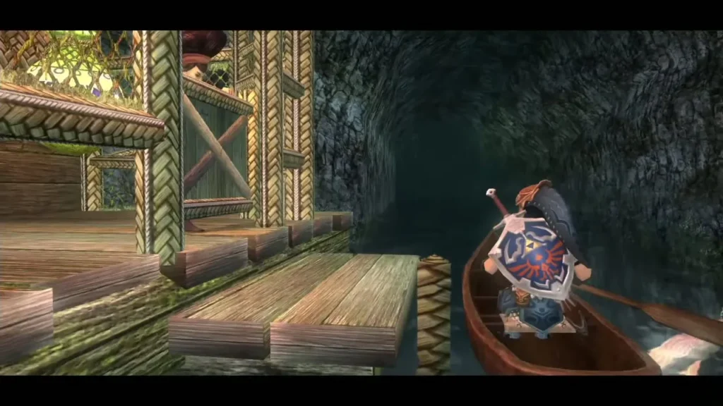 Link rowing a boat away from the dock into the river tunnel Link rowing a boat away from the dock into the river tunnel