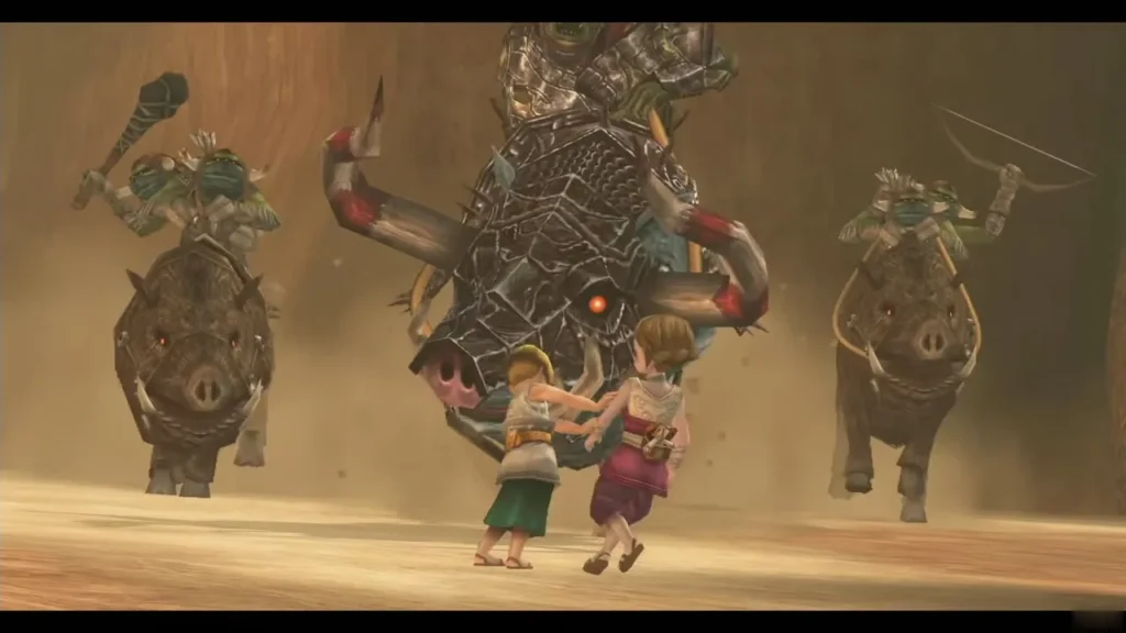 Bulblin riders charging on boars toward the Ordon children in the Eldin desert Bulblin riders charging on boars toward the Ordon children in the Eldin desert