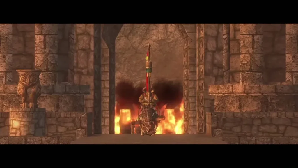 Bulblin rider on a horned boar charging across a fiery bridge Bulblin rider on a horned boar charging across a fiery bridge