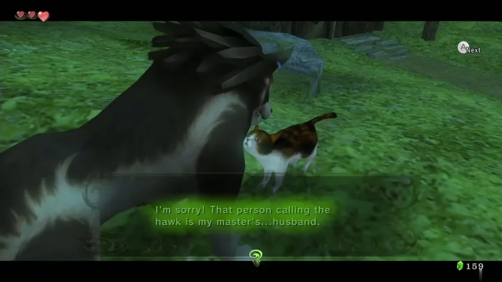 A calico cat telling a wolf that the hawk caller is someone's husband A calico cat telling a wolf that the hawk caller is someone's husband
