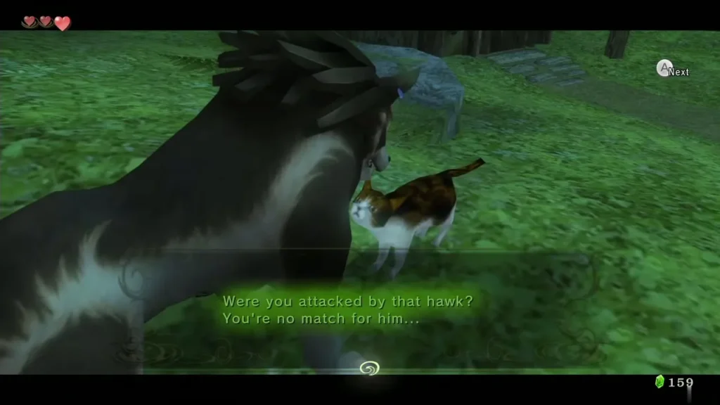 A calico cat speaking to a wolf in a grassy field at night A calico cat speaking to a wolf in a grassy field at night