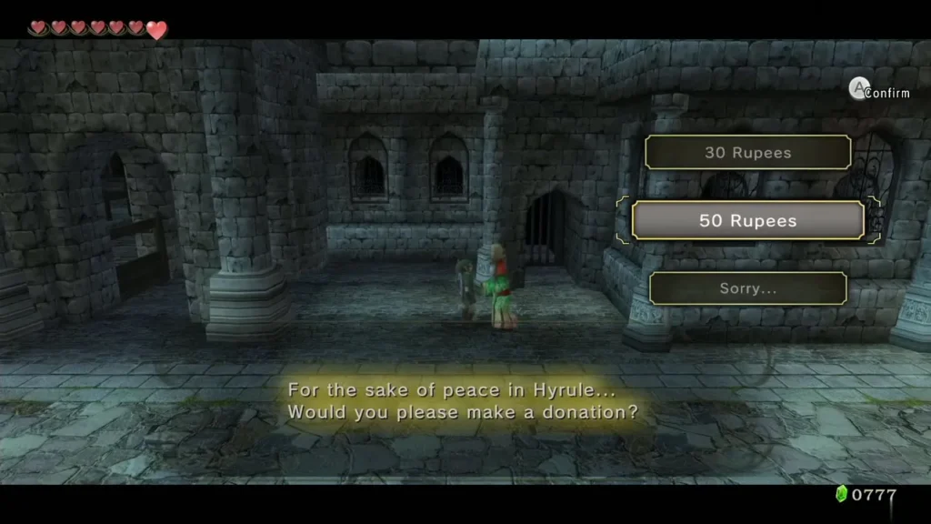 Donation choices for Charlo with 50 Rupees highlighted in Castle Town Donation choices for Charlo with 50 Rupees highlighted in Castle Town