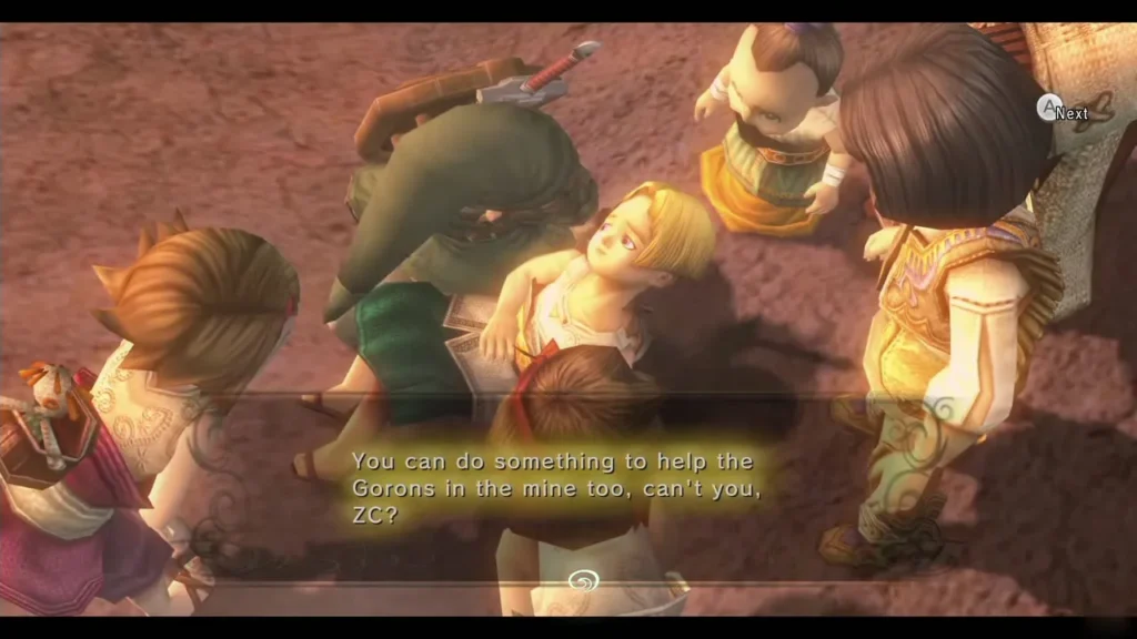Villagers gathered around Link and Colin with a message box on screen Villagers gathered around Link and Colin with a message box on screen
