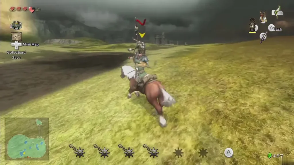 Link riding Epona across a grassy field after a Bulblin rider Link riding Epona across a grassy field after a Bulblin rider