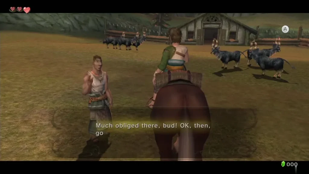 Link riding Epona beside Fado at Ordon Ranch Link riding Epona beside Fado at Ordon Ranch
