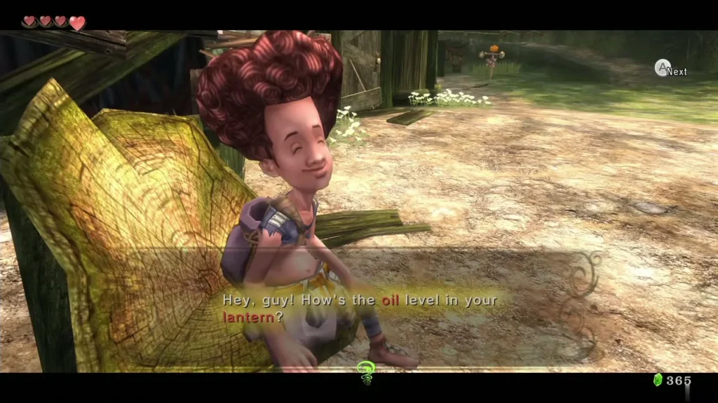 The afro-haired woodsman asks Link about the oil level in his lantern The afro-haired woodsman asks Link about the oil level in his lantern
